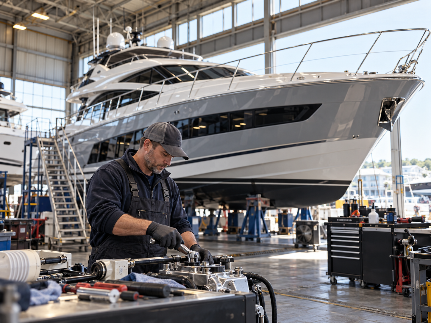 Yacht service technician working beside a modern motor yacht in a maintenance facility